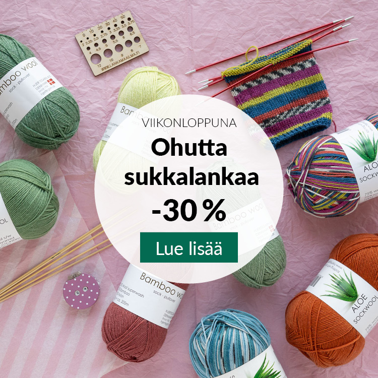 Aloe Sockwool- ja Banboo Wool -lankakeriä ja raidallinen neulottu sukanvarsi puikoilla
Teksti: Viikonloppuna ohutta sukkalankaa -30%
Lue lisää
