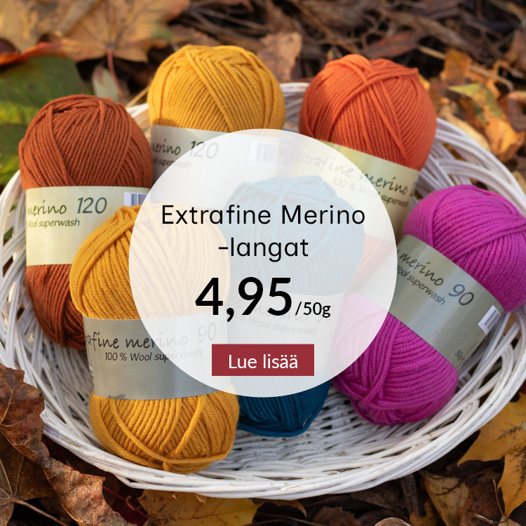 Värikkäitä Extrafine Merino -lankakeriä 
Teksti: Extrafine Merino -langat 4,95
Lue lisää