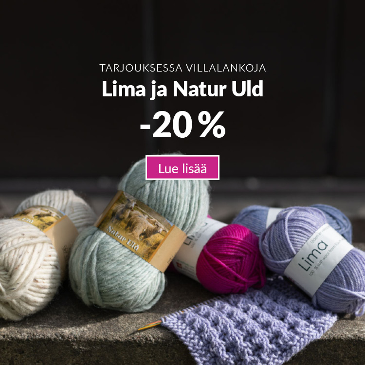 Lima- ja Natur Uld -villalankakeriä ja Lima-langasta neulottu liila pintaneuletilkku
Teksti: Tarjouksessa villalankaa: Lima ja Natur Uld -20 %
Lue lisää