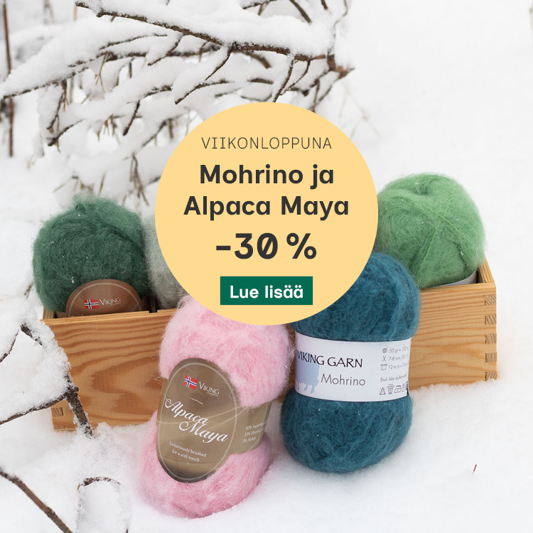 Mohrino- ja Alpaca Maya -lankakeriä lumella
Teksti: Viikonloppuna Mohrino ja Alpaca Maya -30 %
Lue lisää