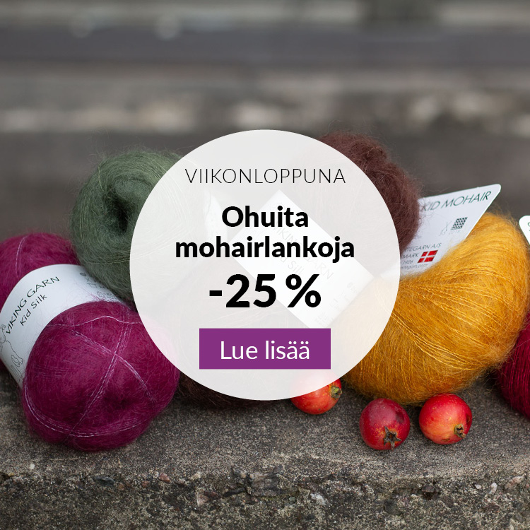 Mohairlankakeriä ja punaisia koristeomenoita
Teksti: Viikonloppuna ohuita mohairlankoja -25 %
Lue lisää
