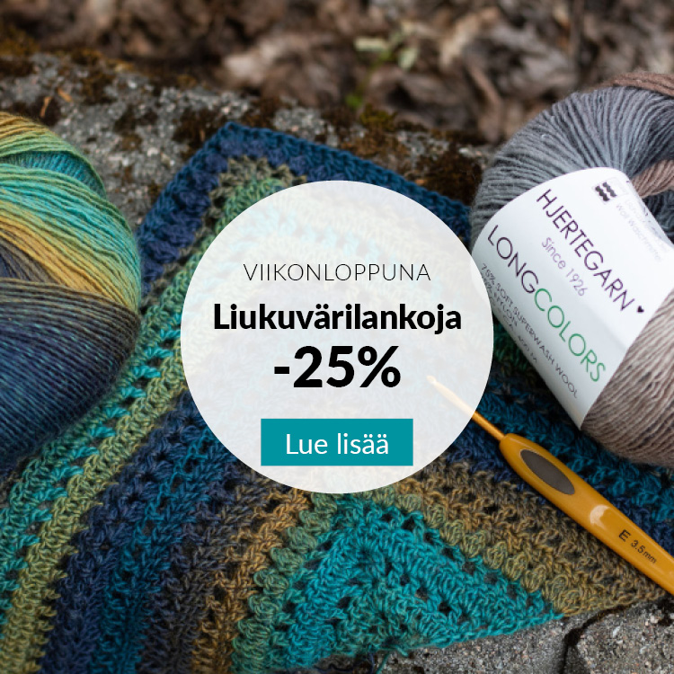 Liukuvärjättyjä Long Colors- ja Nordlys-lankakerä ja tekeillä oleva virkattu huivi
Teksti: Viikonloppuna liukuvärilankoja -25 %
Lue lisää