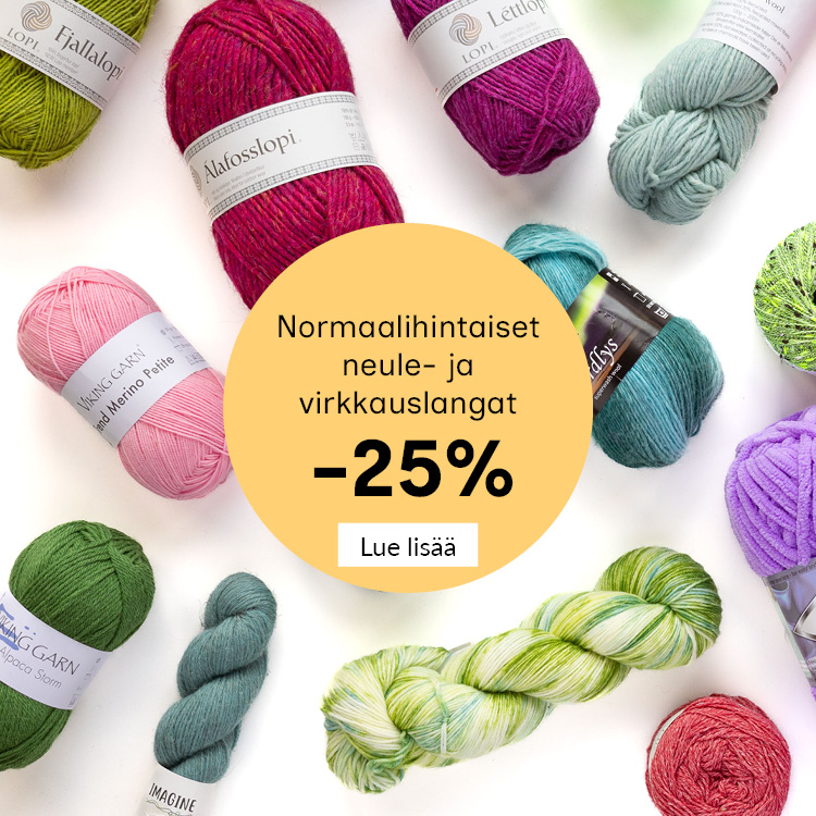 Erilaisia lankakeriä
Teksti: Normaalihintaiset neule- ja virkkauslangat -25%
Lue lisää
