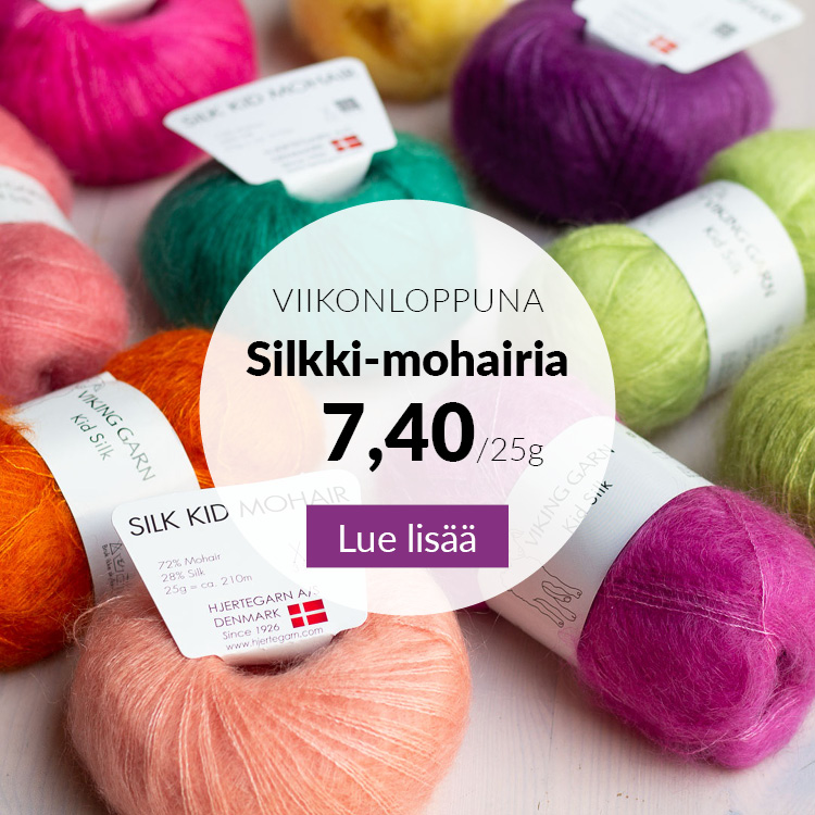 Värikkäitä silkki-mohairlankakeriä
Teksti: Viikonloppuna silkki-mohairia 7,40/25g 
Lue lisää