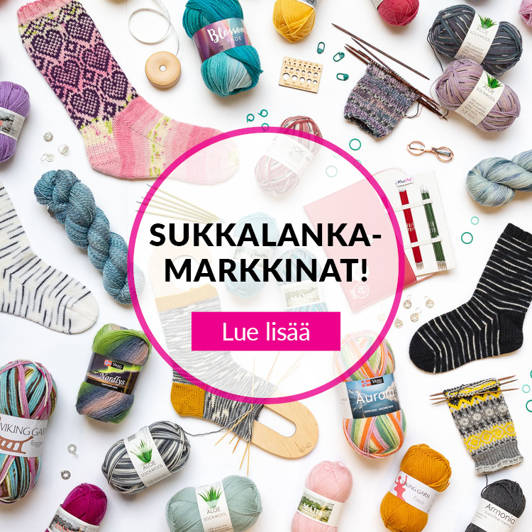 Sukkalankakeriä, neulottuja villasukkia ja erilaisia tarvikkeita
Teksti: Sukkalankamarkkinat!
Lue lisää