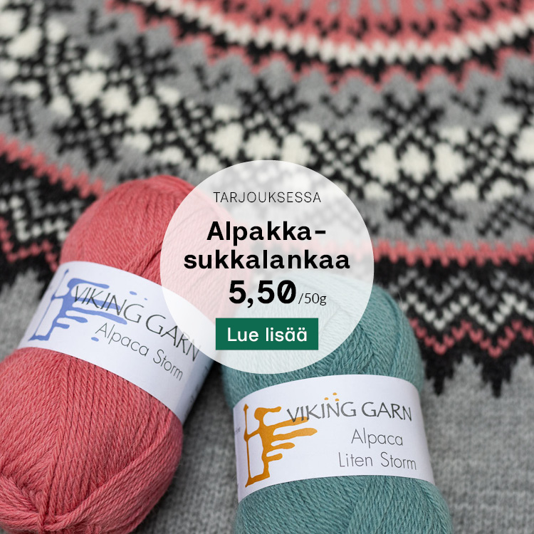 Viking Alpaca Storm- ja Alpaca Liten Storm -lankakeriä kaarrokeneuleen päällä
Teksti: Tarjouksessa alpakkasukkalankaa 5,50/50g
Lue lisää