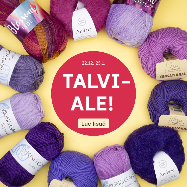 Violetinsävyisiä lankakeriä keltaisella taustalla
Teksti: Talviale! 22.12.2025-25.1.2026
Lue lisää