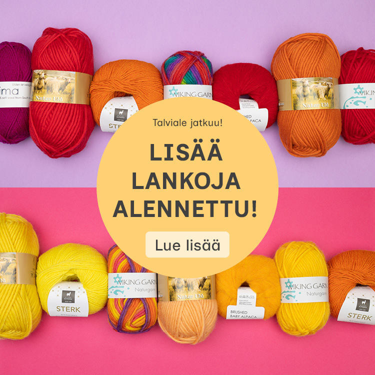 Värikkäitä lankakeriä pinkillä ja lilalla taustalla 
Teksti: Talviale jatkuu! Lisää lankoja alennettu!
Lue lisää
