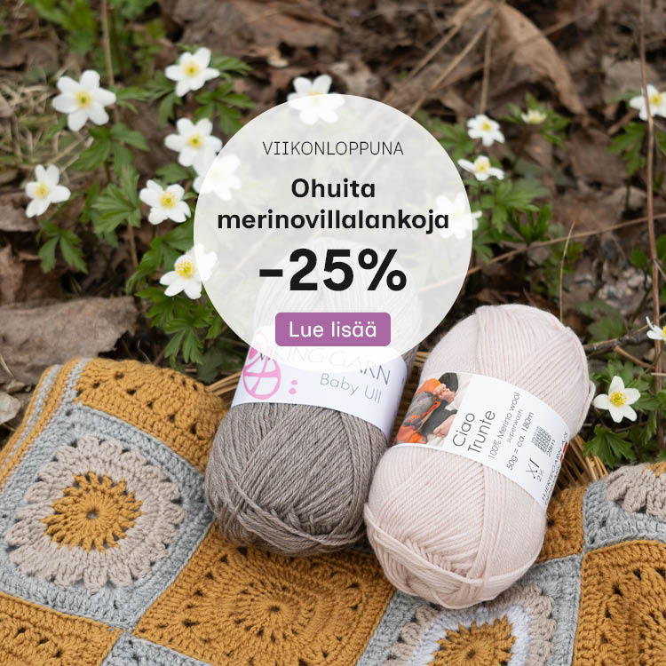 Baby Ull- ja Baby Wool -lankakeriä ja virkattu palapeitto
Teksti: Viikonloppuna ohuita merinovillalankoja -25%
Lue lisää