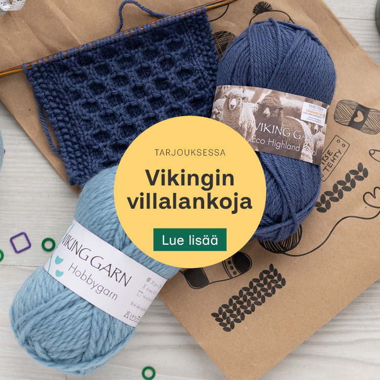 Sinisävyisiä Eco Highland Wool- ja Hobbygarn-lankakeriä ja hunajakennoneuletilkku
Teksti: Tarjouksessa Vikingin villalankoja
Lue lisää